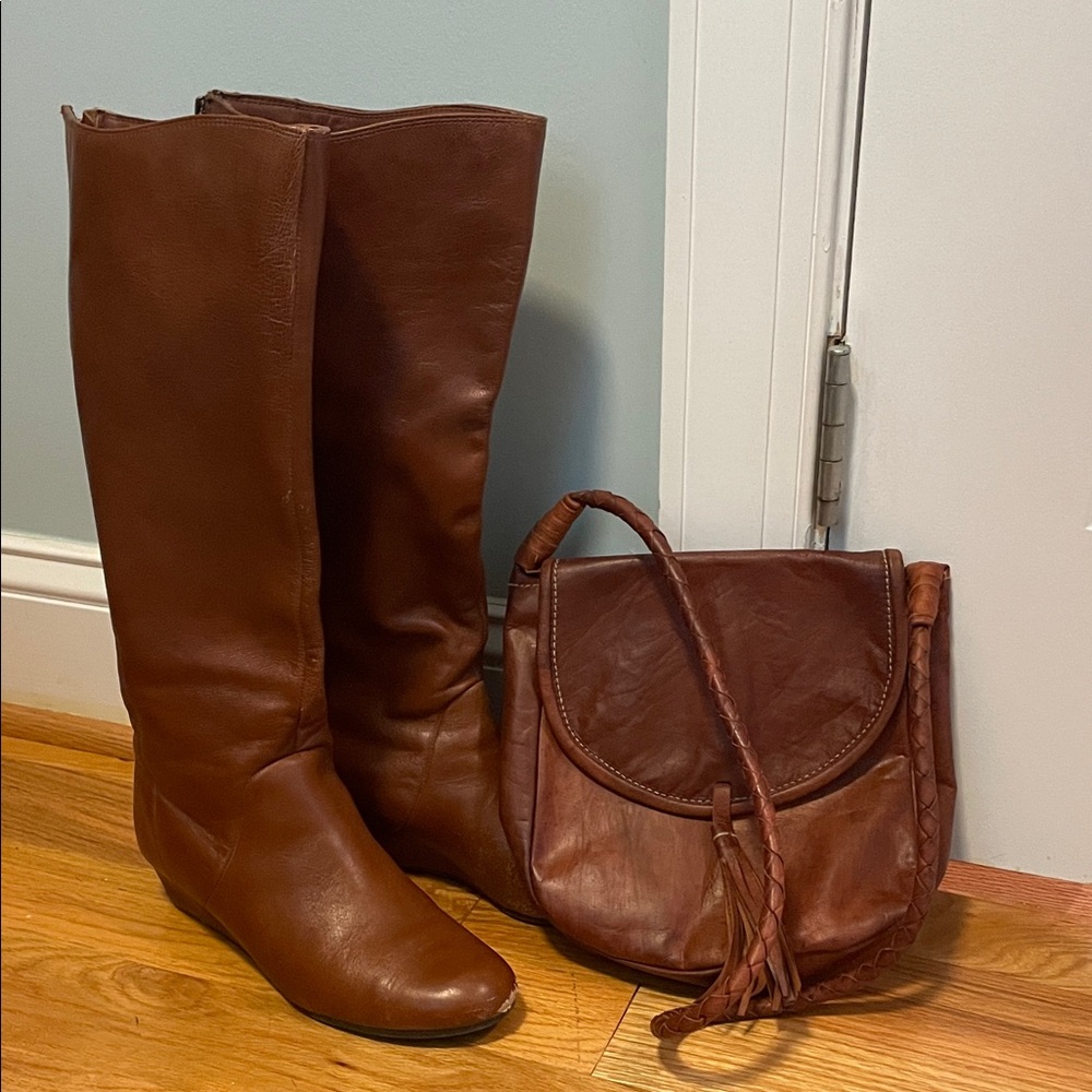 Cognac Knee-High Boots + Bag